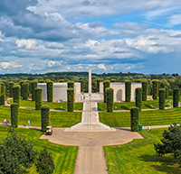 A glorious day at the Armed Forces Memorial, National Memorial Arboretum, with blue skies, fluffy clouds and sunshine